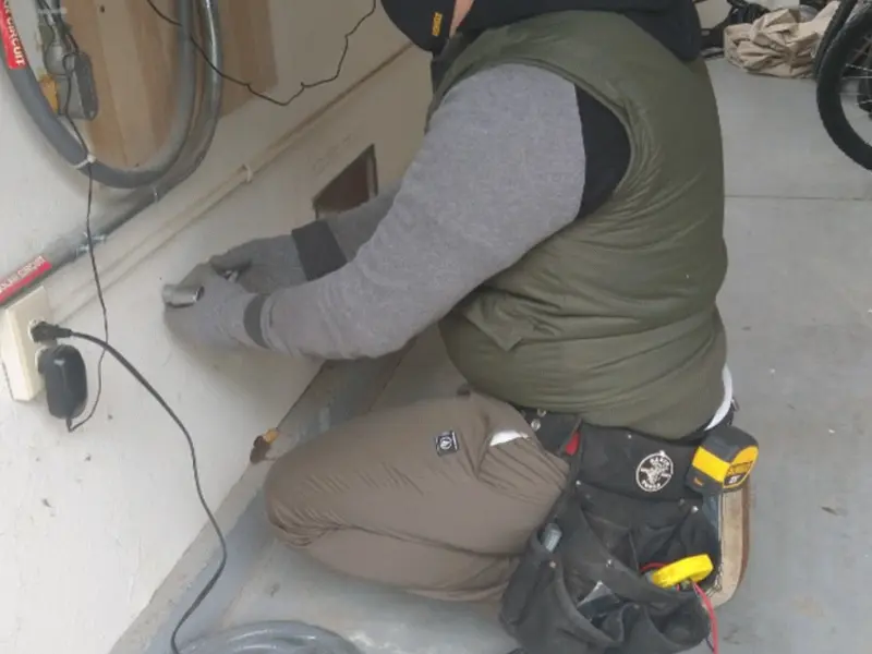Electrician performing outlet wiring in a San Juan garage